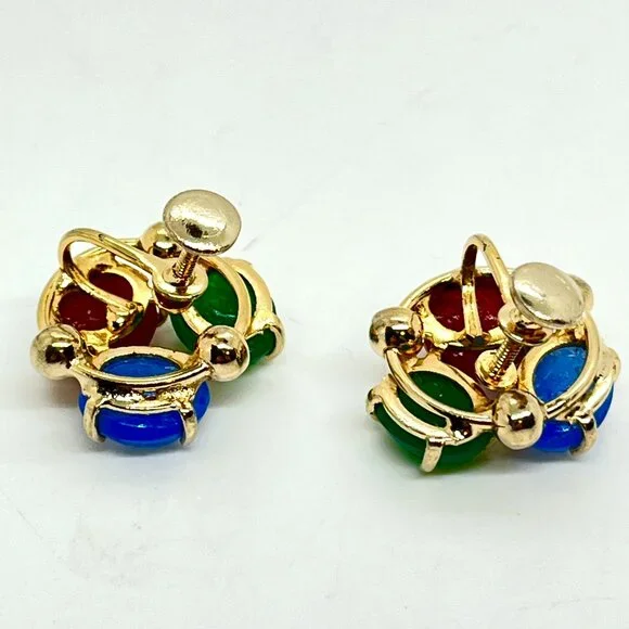 Vintage GLASS SCARAB Earrings Egyptian Revival Gold Tone Screwback - Picture 10 of 13